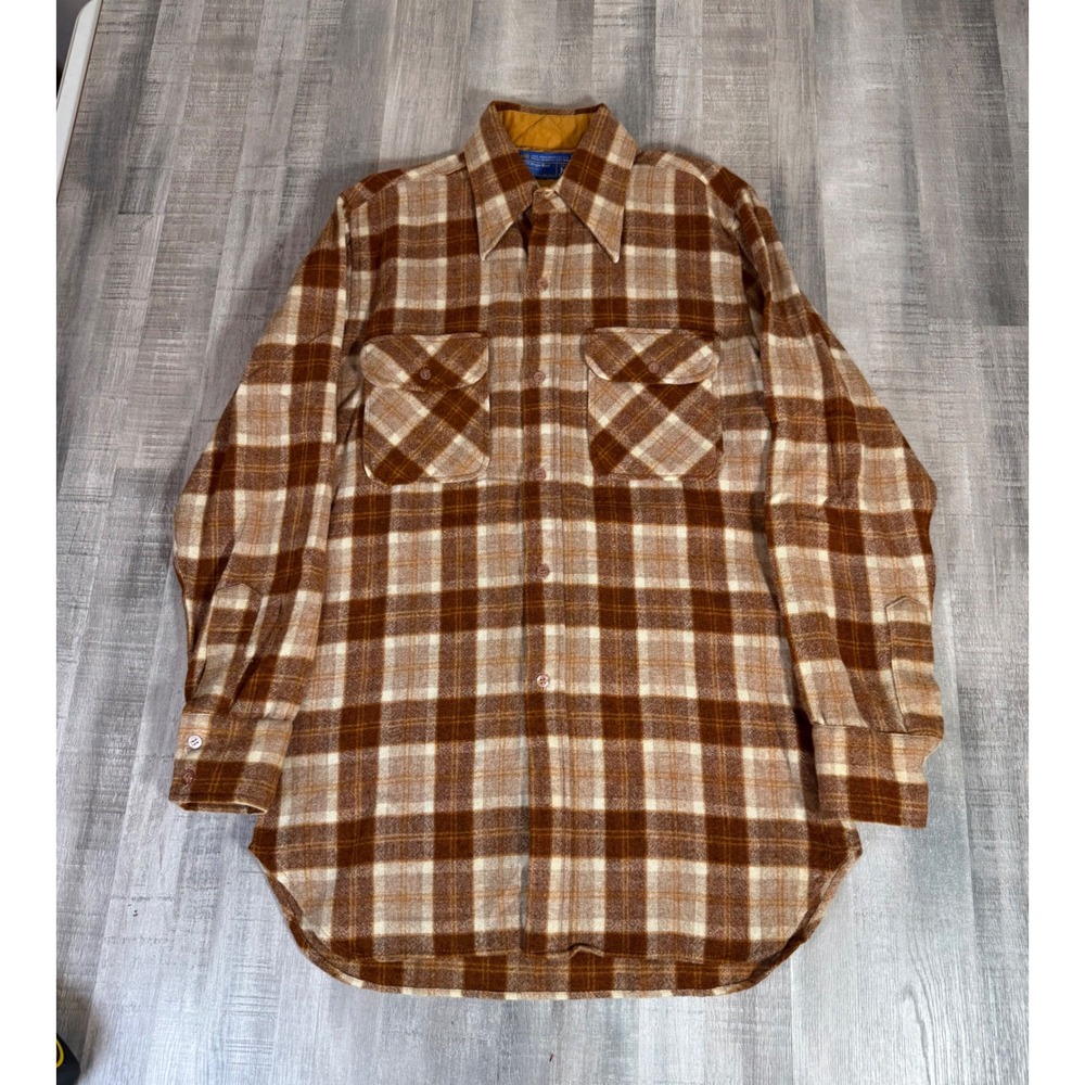 Vintage JCPenney 100% Virgin Wool Plaid Flannel Shirt Mens Medium Tall Brown 70s